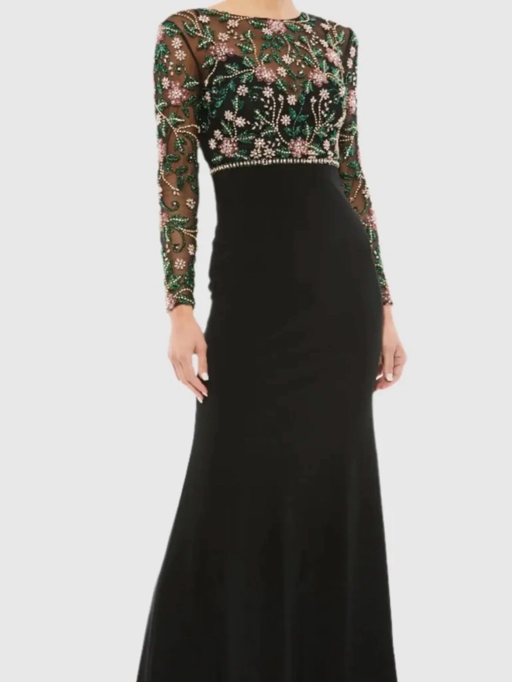 Beautiful Mac Duggal Black Evening Gown with Green and Pink Beaded Bodice